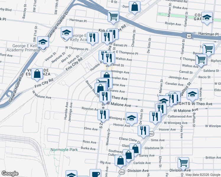 map of restaurants, bars, coffee shops, grocery stores, and more near 462 Linares Street in San Antonio
