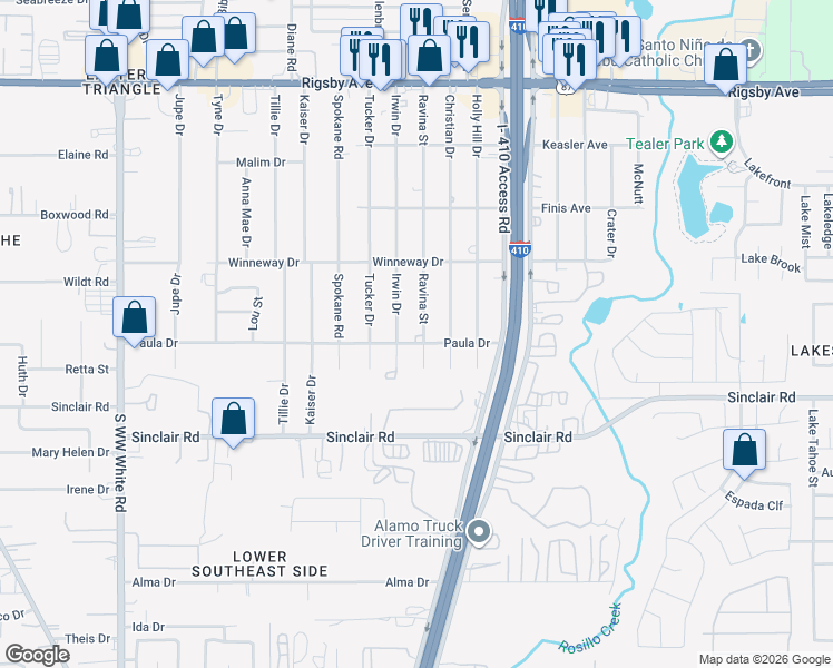 map of restaurants, bars, coffee shops, grocery stores, and more near 2927 Ravina Street in San Antonio