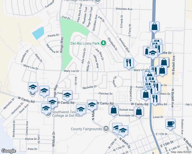 map of restaurants, bars, coffee shops, grocery stores, and more near 107 Virgie St in Del Rio