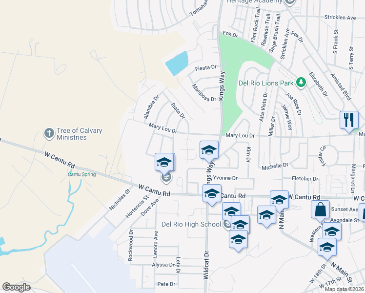 map of restaurants, bars, coffee shops, grocery stores, and more near 201 Spike Run in Del Rio