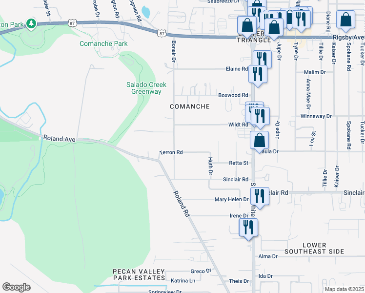 map of restaurants, bars, coffee shops, grocery stores, and more near 4223 Terron Road in San Antonio