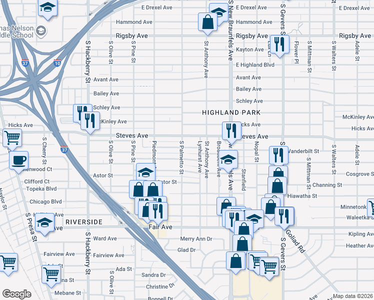 map of restaurants, bars, coffee shops, grocery stores, and more near 521 Greer Street in San Antonio