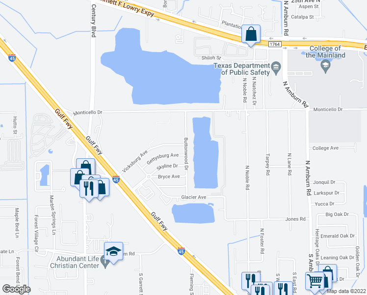 map of restaurants, bars, coffee shops, grocery stores, and more near 9001 Vicksburg Avenue in Texas City