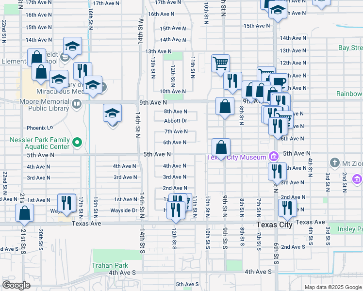 map of restaurants, bars, coffee shops, grocery stores, and more near 1132 5th Avenue North in Texas City
