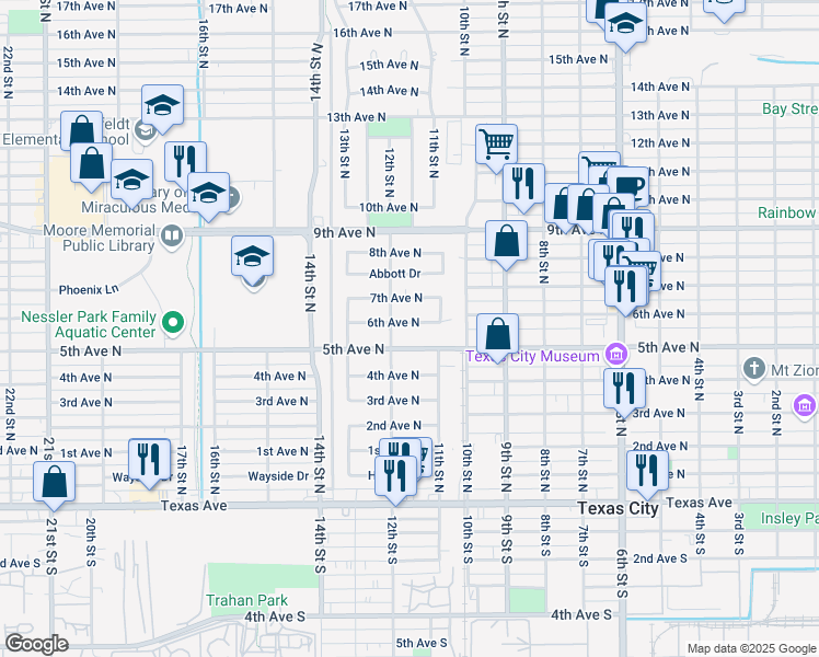 map of restaurants, bars, coffee shops, grocery stores, and more near 1132 5th Avenue North in Texas City