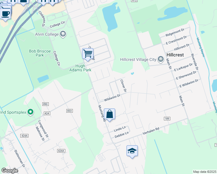 map of restaurants, bars, coffee shops, grocery stores, and more near 3830 Westglen Drive in Alvin