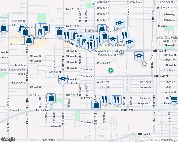 map of restaurants, bars, coffee shops, grocery stores, and more near 2120 5th Avenue North in Texas City