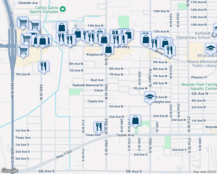 map of restaurants, bars, coffee shops, grocery stores, and more near 2821 5th Avenue North in Texas City