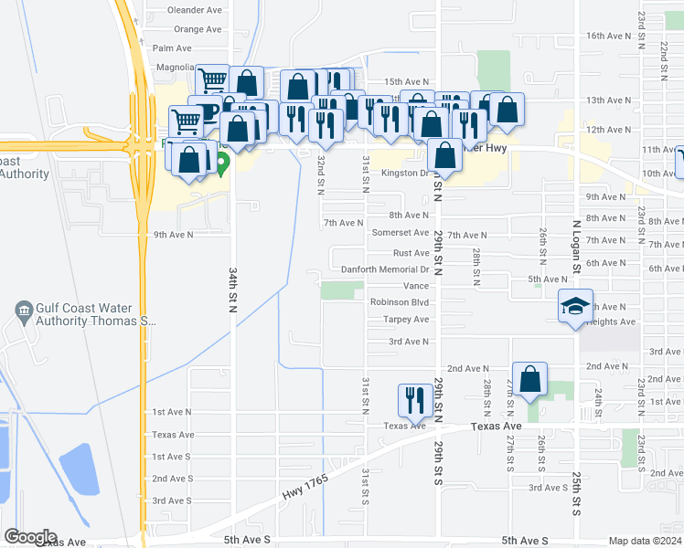 map of restaurants, bars, coffee shops, grocery stores, and more near 3121 Danforth Memorial Drive in Texas City