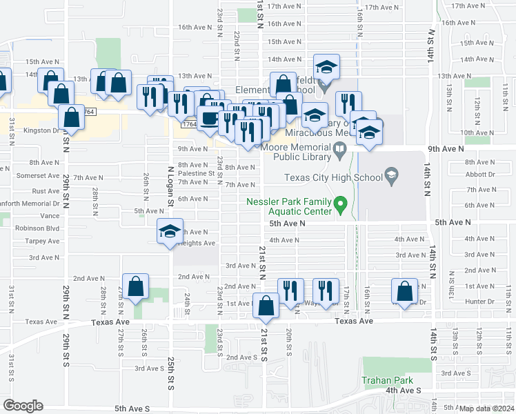 map of restaurants, bars, coffee shops, grocery stores, and more near 2120 5th Avenue North in Texas City