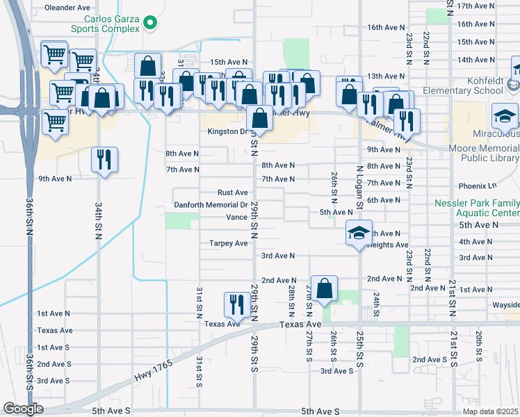 map of restaurants, bars, coffee shops, grocery stores, and more near 2821 5th Avenue North in Texas City