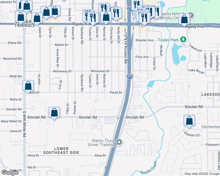 map of restaurants, bars, coffee shops, grocery stores, and more near 3002 Ravina Street in San Antonio