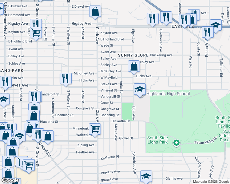 map of restaurants, bars, coffee shops, grocery stores, and more near 1602 Vanderbilt Street in San Antonio