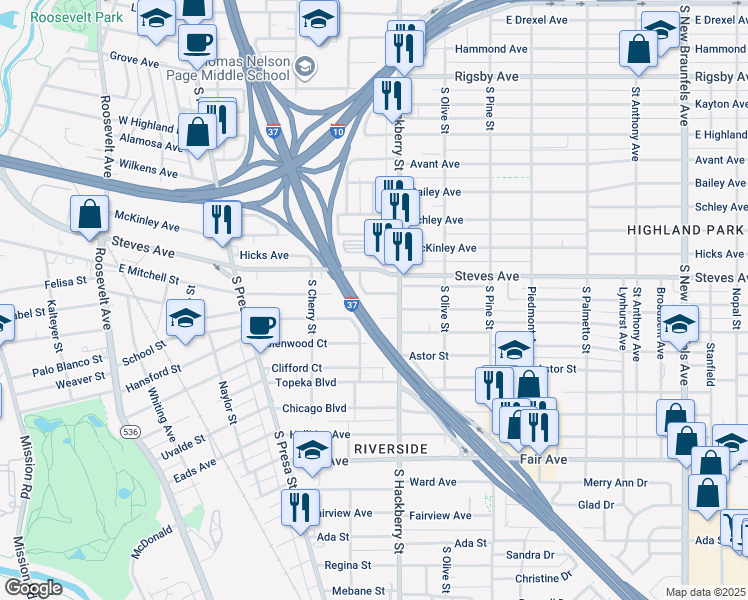 map of restaurants, bars, coffee shops, grocery stores, and more near 315 Rockwood Court in San Antonio