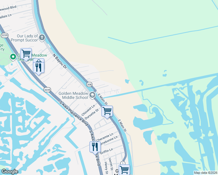 map of restaurants, bars, coffee shops, grocery stores, and more near 122-154 East 179th Street in Golden Meadow