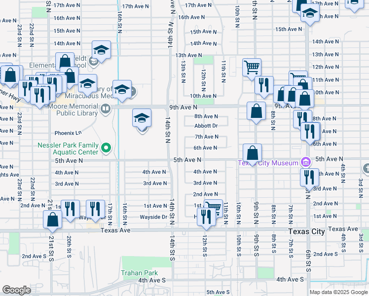 map of restaurants, bars, coffee shops, grocery stores, and more near 598 13th Street North in Texas City
