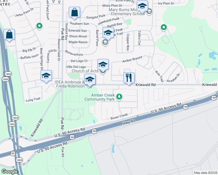 map of restaurants, bars, coffee shops, grocery stores, and more near 4214 Buckhorn Bayou in San Antonio