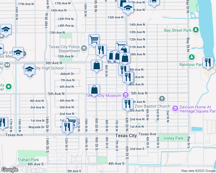 map of restaurants, bars, coffee shops, grocery stores, and more near 722 5th Avenue North in Texas City