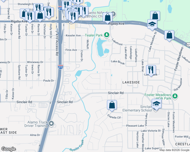 map of restaurants, bars, coffee shops, grocery stores, and more near 5645 Sinclair Road in San Antonio