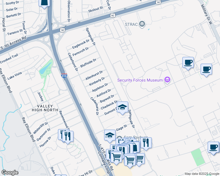 map of restaurants, bars, coffee shops, grocery stores, and more near 126 Ashford Drive in San Antonio