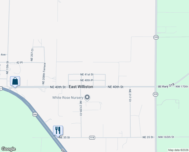 map of restaurants, bars, coffee shops, grocery stores, and more near 21410 Northeast 40th Place in Williston