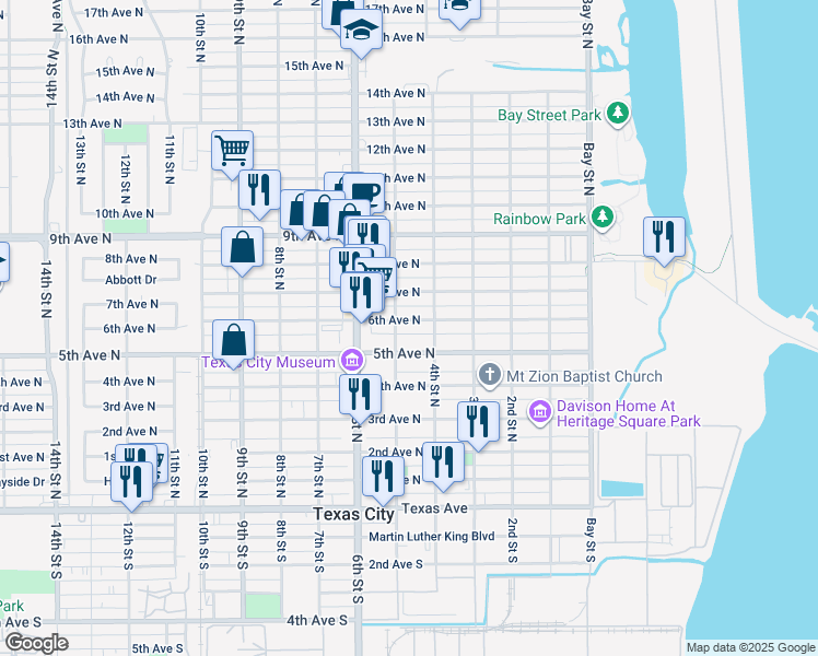 map of restaurants, bars, coffee shops, grocery stores, and more near 421 6th Avenue North in Texas City