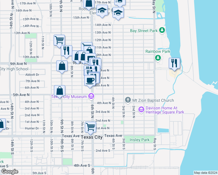 map of restaurants, bars, coffee shops, grocery stores, and more near 411 6th Avenue North in Texas City