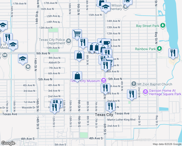 map of restaurants, bars, coffee shops, grocery stores, and more near 719 6th Avenue North in Texas City