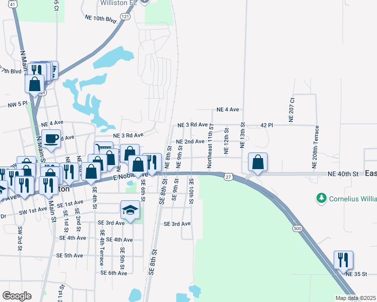 map of restaurants, bars, coffee shops, grocery stores, and more near 171 Northeast 9th Street in Williston