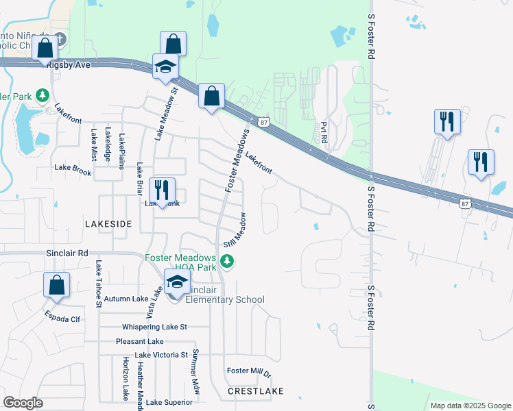 map of restaurants, bars, coffee shops, grocery stores, and more near 6131 Still Meadow in San Antonio