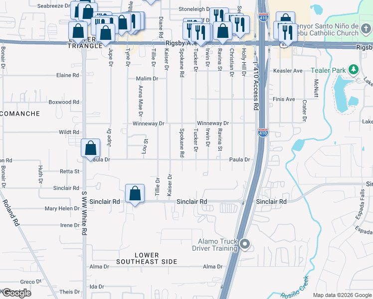 map of restaurants, bars, coffee shops, grocery stores, and more near 2827 Tucker Drive in San Antonio