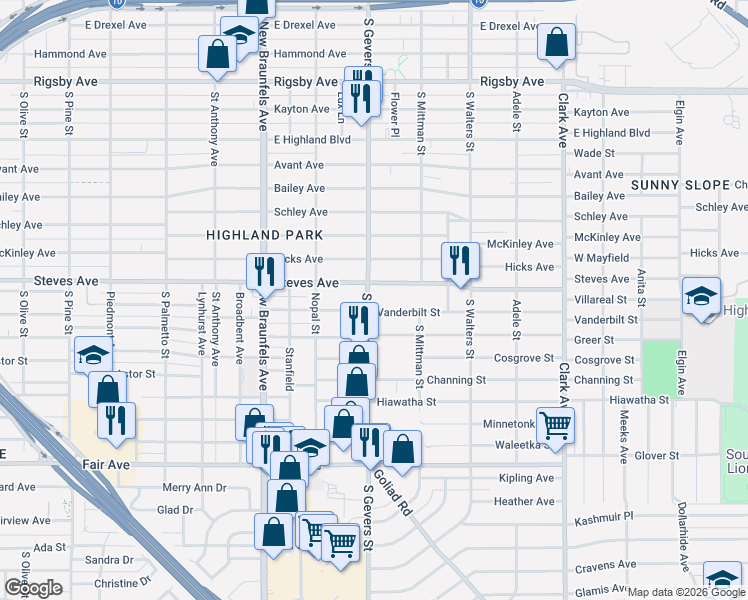 map of restaurants, bars, coffee shops, grocery stores, and more near 2051 Steves Avenue in San Antonio