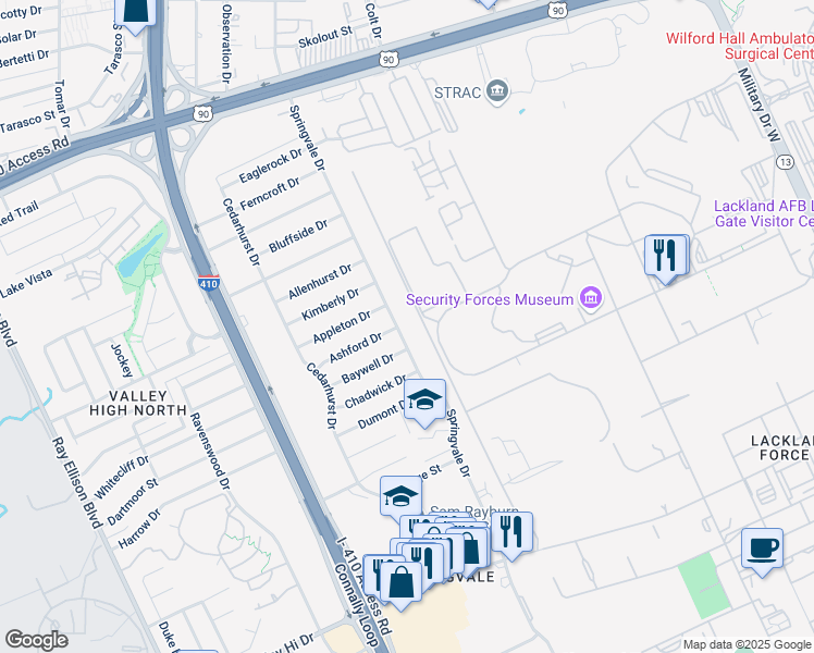 map of restaurants, bars, coffee shops, grocery stores, and more near 806 Springvale Drive in San Antonio