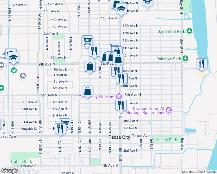 map of restaurants, bars, coffee shops, grocery stores, and more near 701 6th Avenue North in Texas City