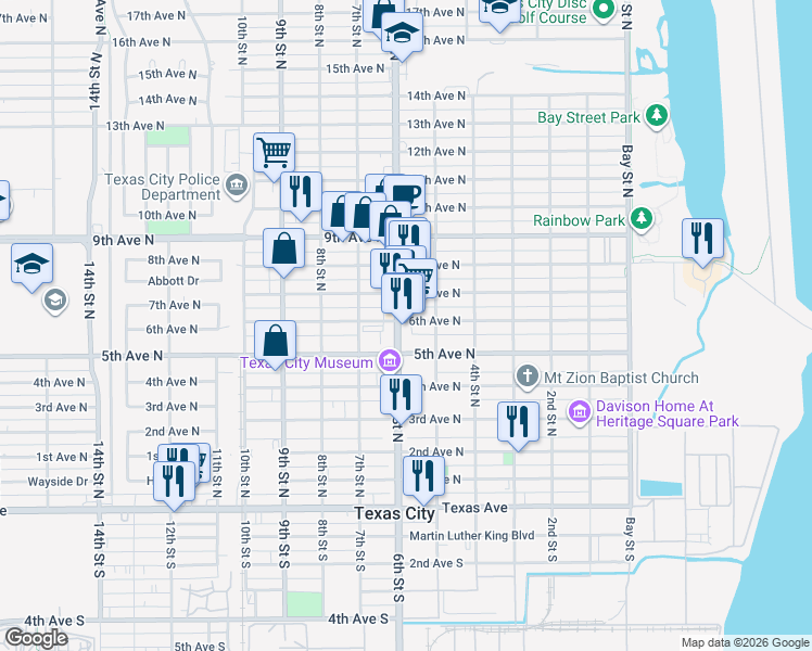 map of restaurants, bars, coffee shops, grocery stores, and more near 525 7th Avenue North in Texas City