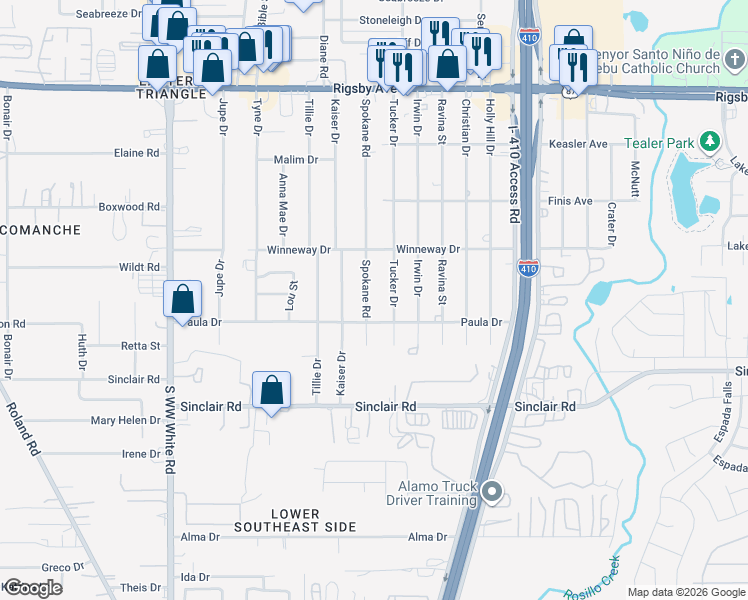 map of restaurants, bars, coffee shops, grocery stores, and more near 2827 Tucker Drive in San Antonio