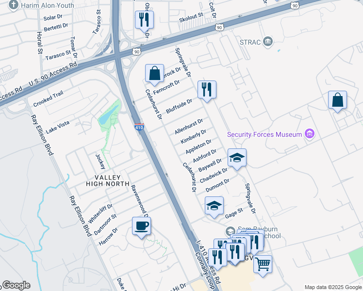 map of restaurants, bars, coffee shops, grocery stores, and more near 158 Allenhurst Street in San Antonio