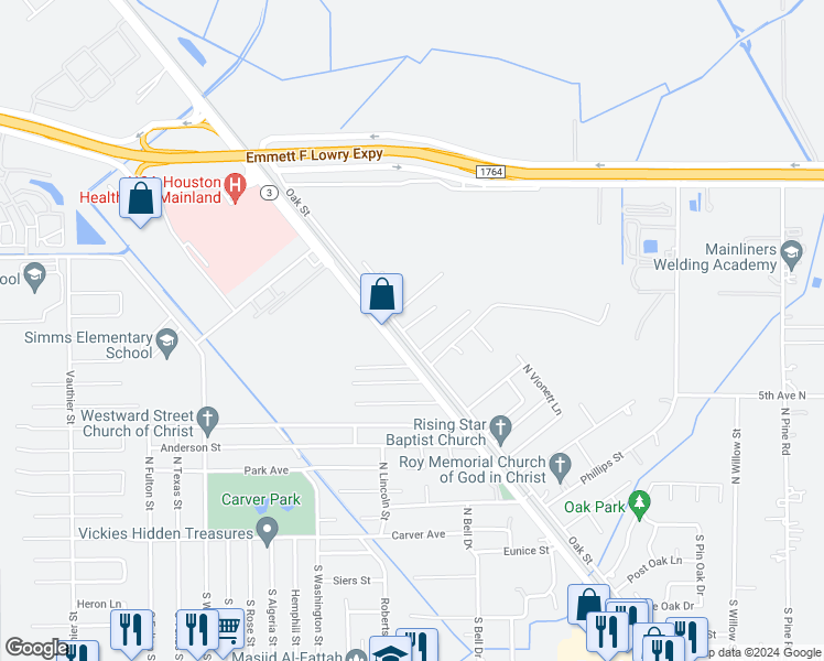 map of restaurants, bars, coffee shops, grocery stores, and more near 718 North Oak Street in Texas City
