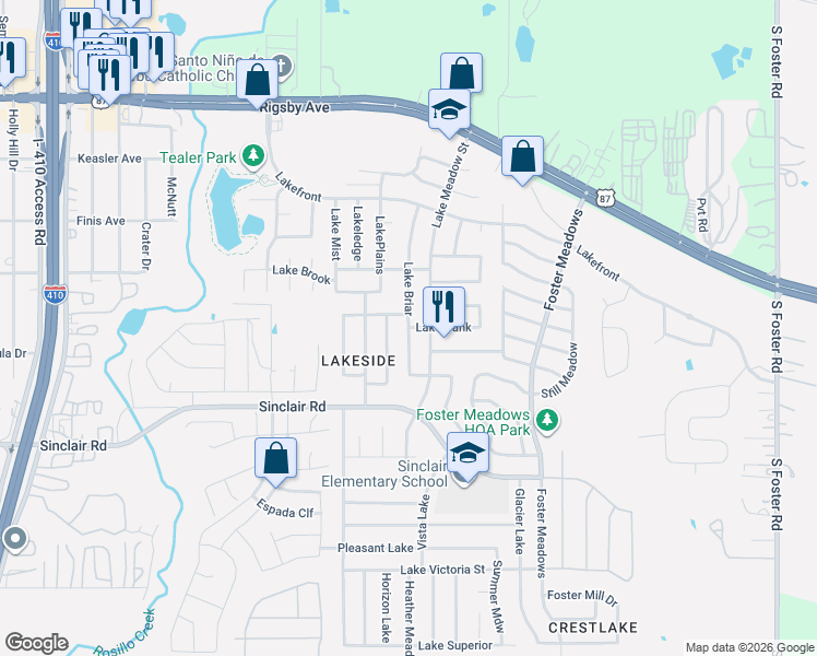 map of restaurants, bars, coffee shops, grocery stores, and more near 5919 Lake Falls in San Antonio