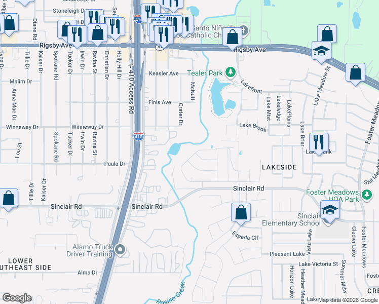 map of restaurants, bars, coffee shops, grocery stores, and more near 2739 Crater Drive in San Antonio