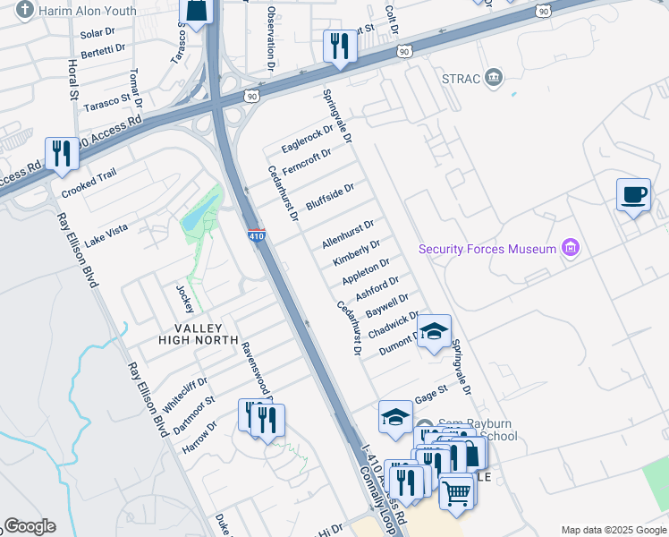 map of restaurants, bars, coffee shops, grocery stores, and more near 158 Allenhurst Street in San Antonio
