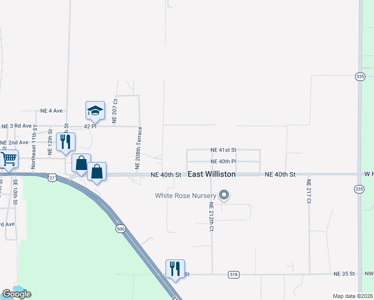 map of restaurants, bars, coffee shops, grocery stores, and more near 21174 Northeast 211 Court in Williston