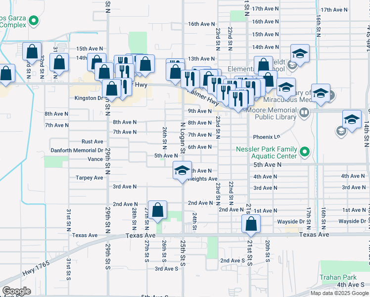 map of restaurants, bars, coffee shops, grocery stores, and more near 608 North Logan Street in Texas City
