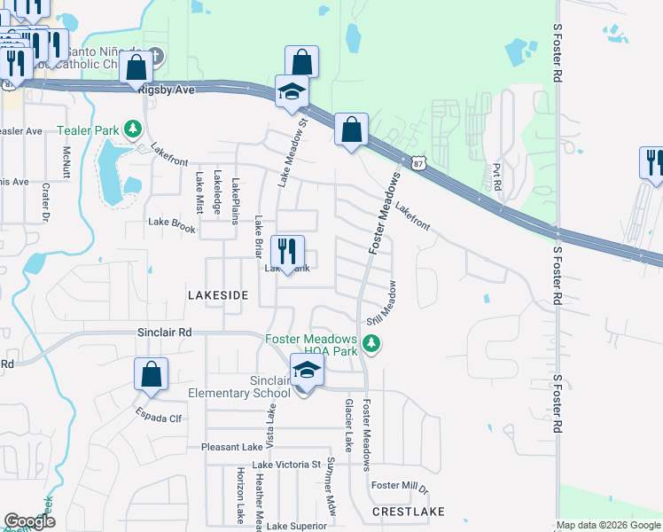 map of restaurants, bars, coffee shops, grocery stores, and more near 6003 Pleasant Meadow in San Antonio