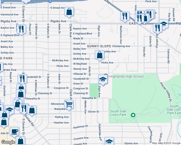 map of restaurants, bars, coffee shops, grocery stores, and more near 2802 Steves Avenue in San Antonio