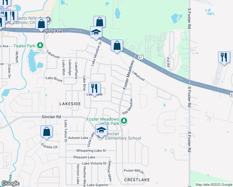 map of restaurants, bars, coffee shops, grocery stores, and more near 6003 Pleasant Meadow in San Antonio