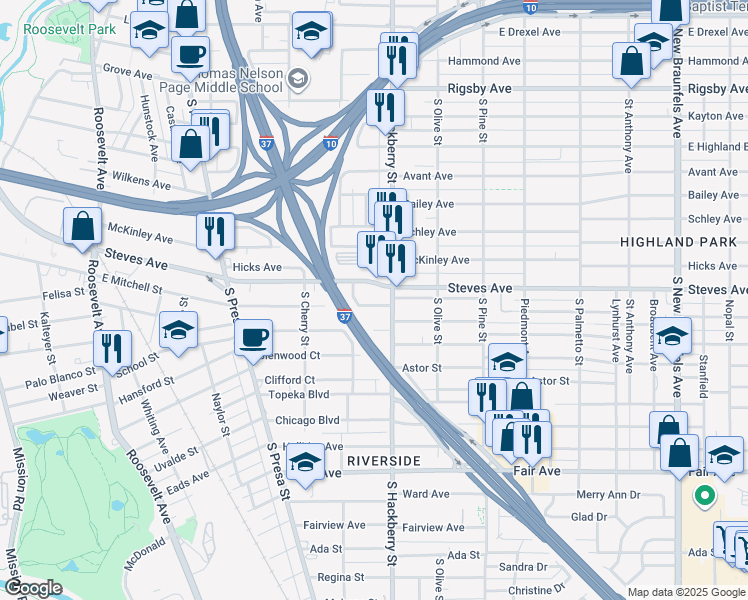 map of restaurants, bars, coffee shops, grocery stores, and more near 1202 Steves Avenue in San Antonio