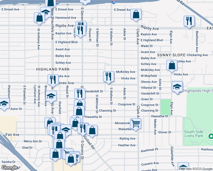 map of restaurants, bars, coffee shops, grocery stores, and more near 2729 South Walters in San Antonio