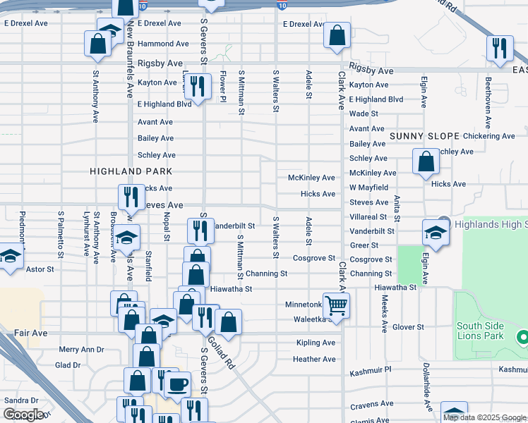map of restaurants, bars, coffee shops, grocery stores, and more near 2729 South Walters in San Antonio