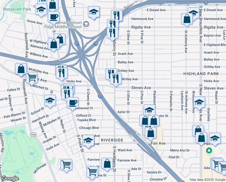 map of restaurants, bars, coffee shops, grocery stores, and more near in San Antonio
